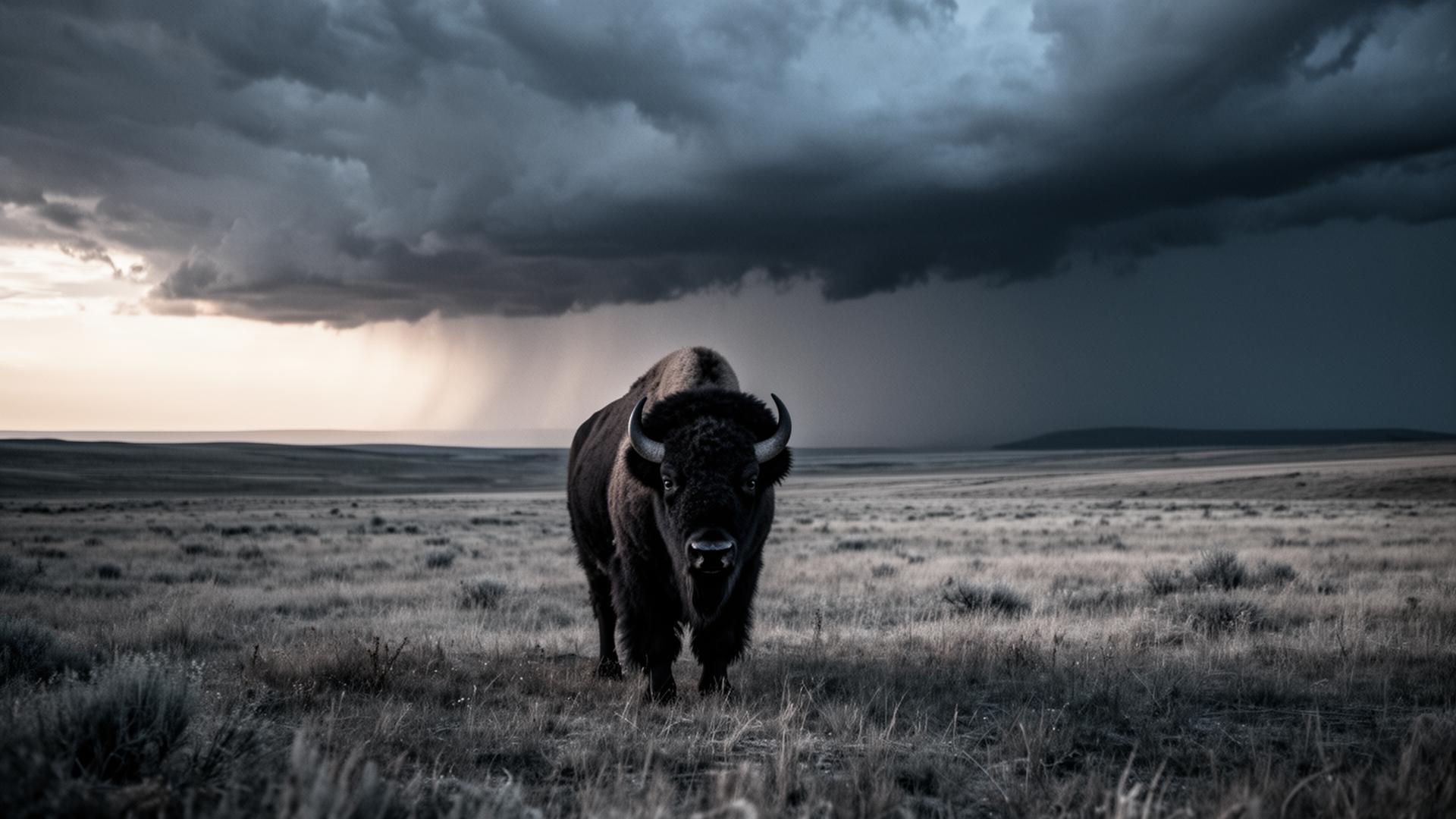A lone bison standing on open prairie as a storm passes on the horizon