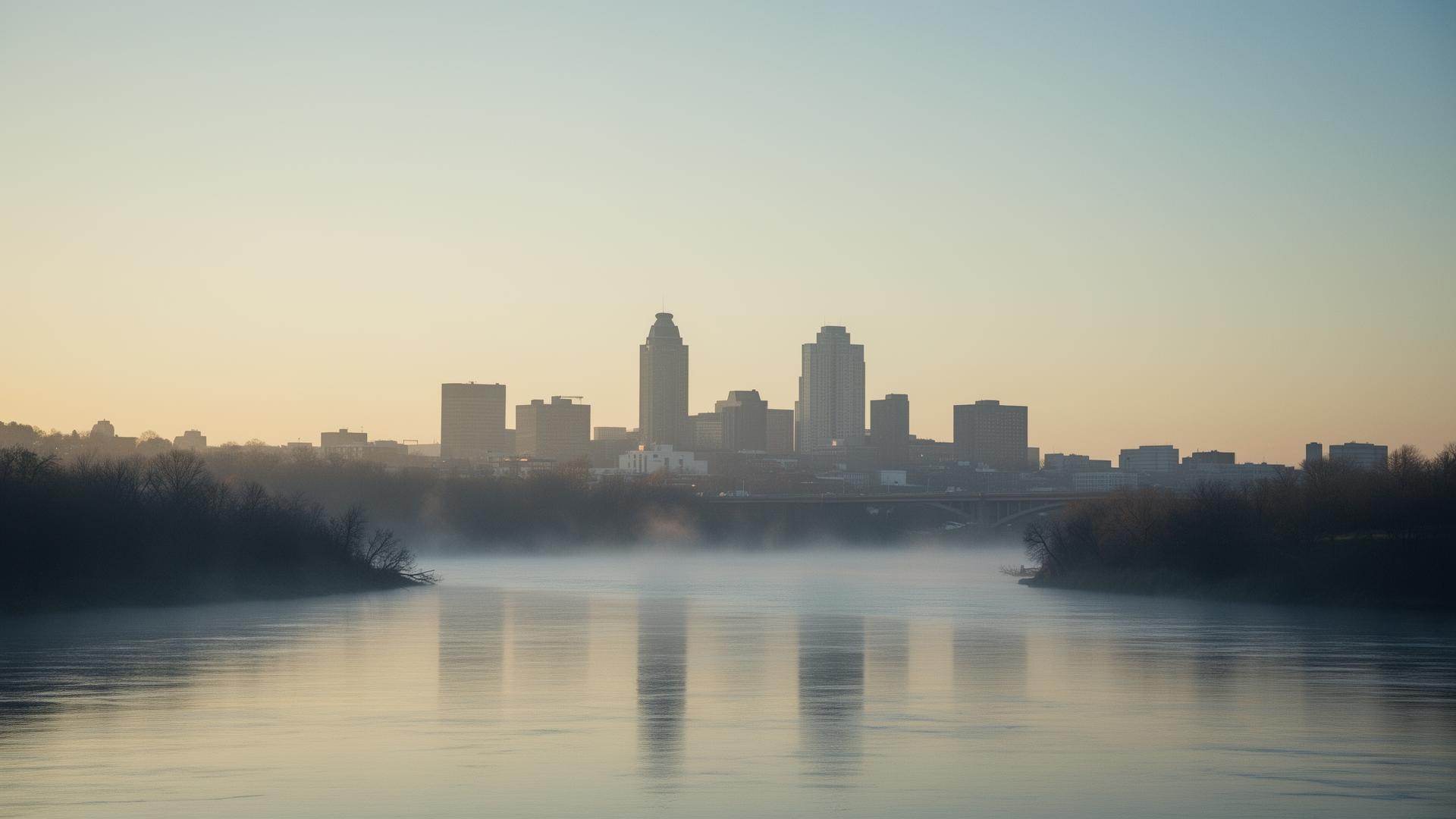 Cincinnati skyline at dawn, viewed across the Ohio River
