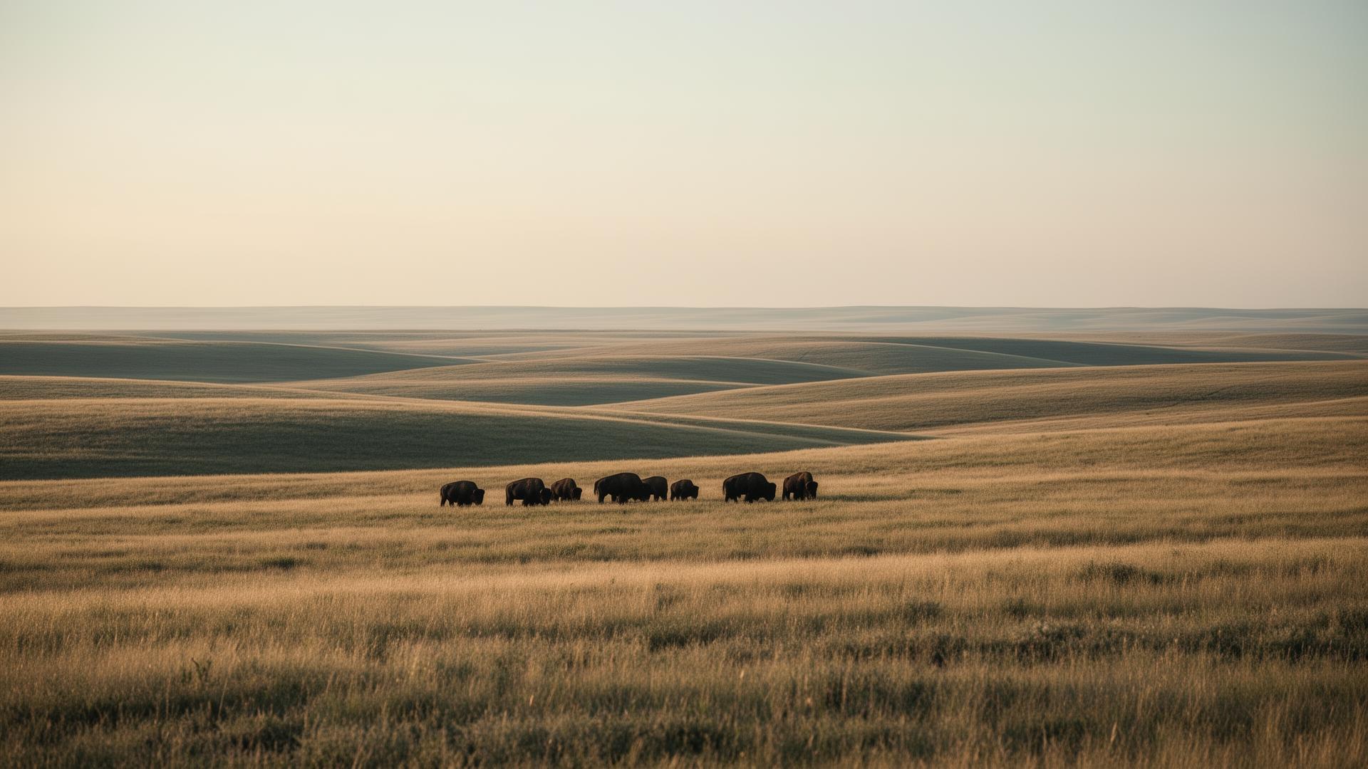 Bison grazing on open American plains at dawn